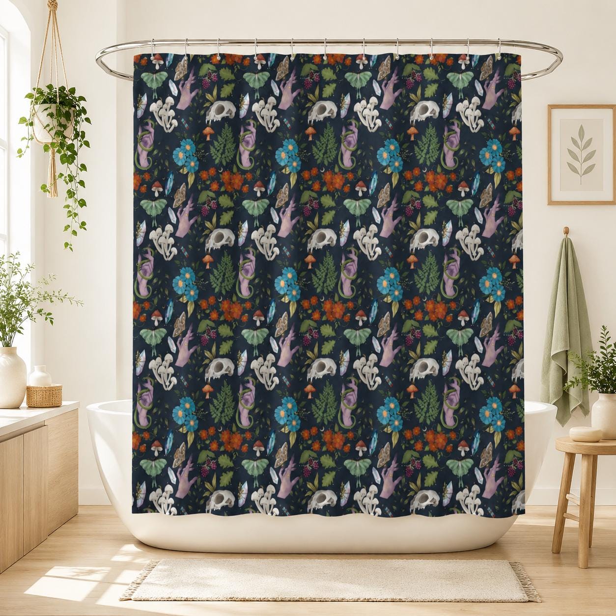 Dark Botanical Mushroom Shower Curtain, Witchy Moth Skull Cottagecore Decor