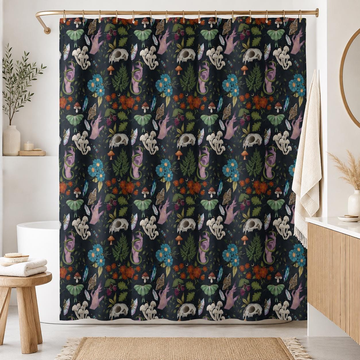Dark Botanical Mushroom Shower Curtain, Witchy Moth Skull Cottagecore Decor