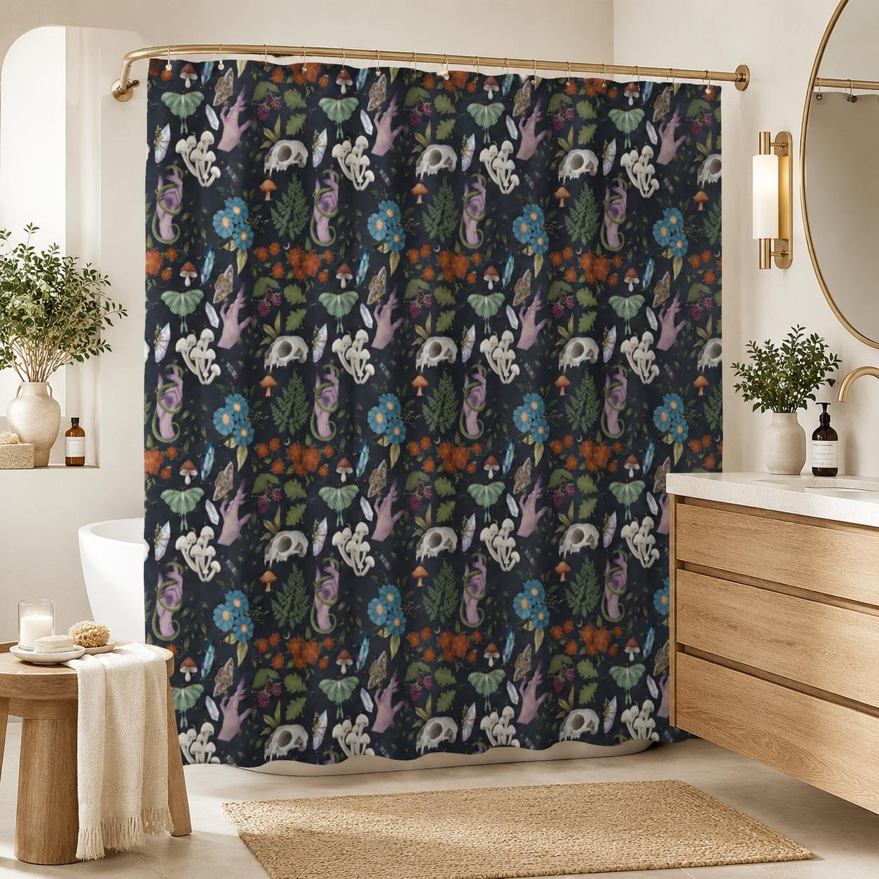 Dark Botanical Mushroom Shower Curtain, Witchy Moth Skull Cottagecore Decor