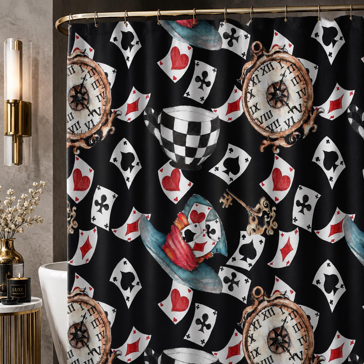Wonderland Shower Curtain, Playing Cards, Clocks, Mad Tea Party Bathroom Decor