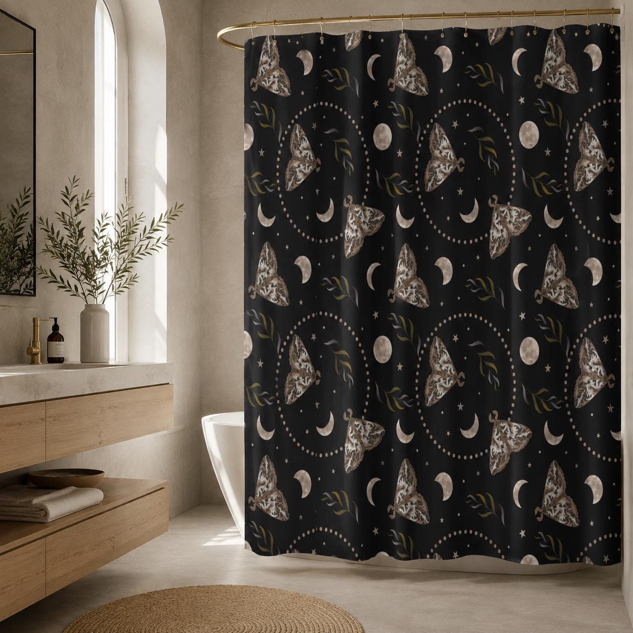 Moth Moon Phase Shower Curtain, Celestial Stars Witchy Bathroom Decor