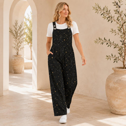 Black Star Speckle Celestial Wide Leg Jumpsuit with Pockets, Womens Overalls