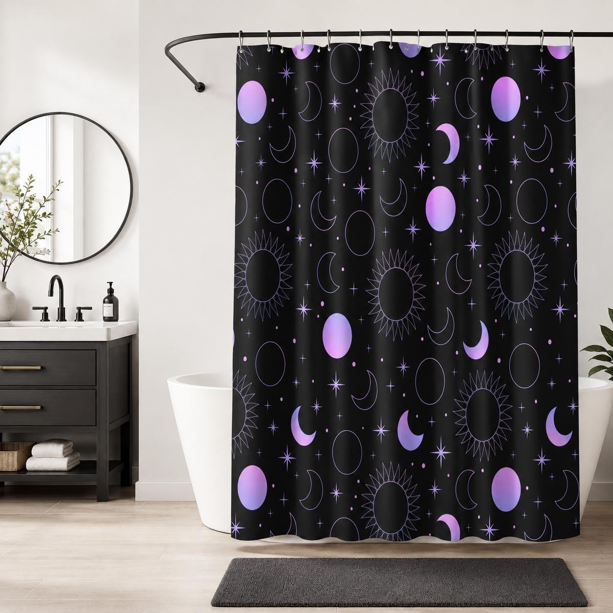 Celestial Sun Moon Shower Curtain, Black Purple Stars Gothic Bathroom Decor
