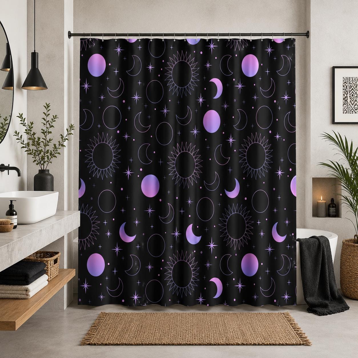 Celestial Sun Moon Shower Curtain, Black Purple Stars Gothic Bathroom Decor