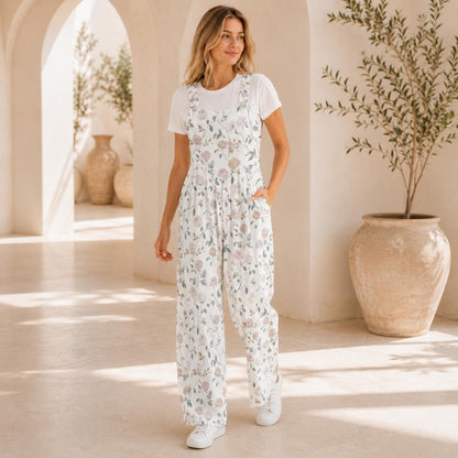 Dusty Rose Botanical Floral Wide Leg Jumpsuit with Pockets, Ivory Womens Overalls