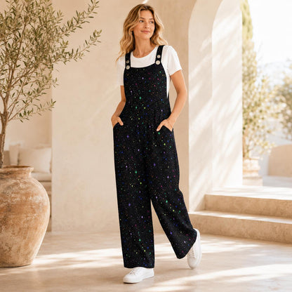 Black Multicolor Star Speckle Celestial Wide Leg Jumpsuit with Pockets, Overalls