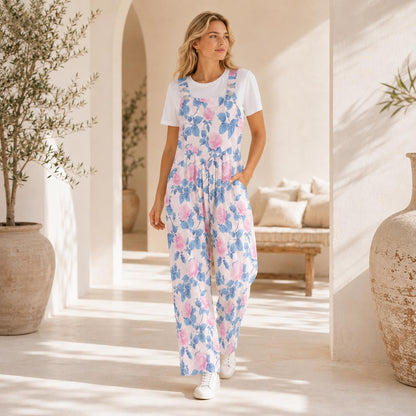 Floral Butterfly Jumpsuit: Blush Pink Wide Leg, Sleeveless, Pockets