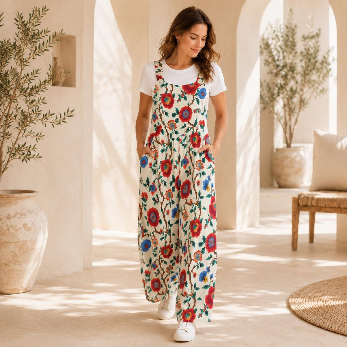 Boho Floral Jumpsuit: Red Blue Flowers, Wide Leg, Pockets (95% Polyester)