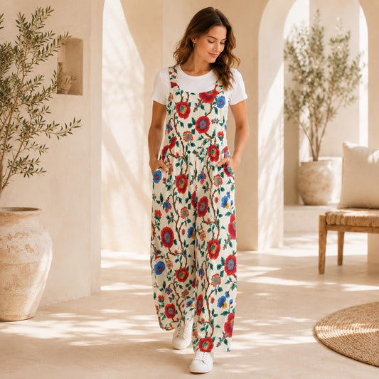 Boho Floral Jumpsuit: Red Blue Flowers, Wide Leg, Pockets (95% Polyester)