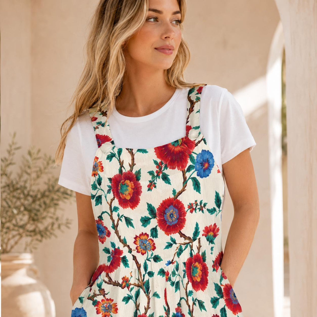 Boho Floral Jumpsuit: Red Blue Flowers, Wide Leg, Pockets (95% Polyester)