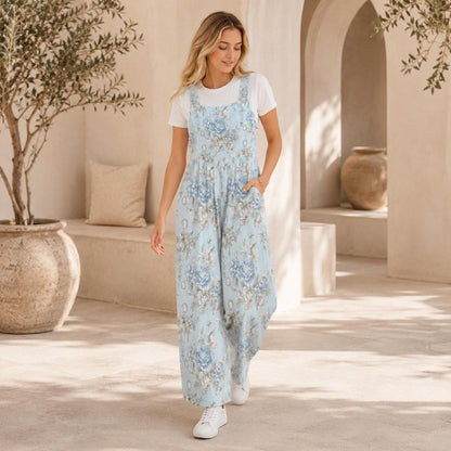Blue Rose Wide Leg Jumpsuit, Pale Botanical Overalls with Pockets