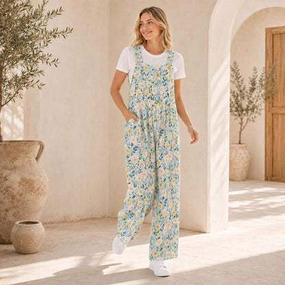 Pale Blue Wildflower Jumpsuit: Square Neck, Wide Leg, Pockets (95% Polyester)
