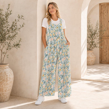 Pale Blue Wildflower Jumpsuit: Square Neck, Wide Leg, Pockets (95% Polyester)