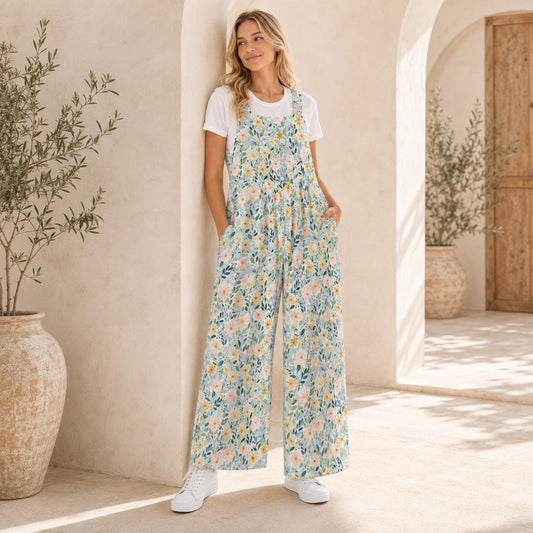 Pale Blue Wildflower Jumpsuit: Square Neck, Wide Leg, Pockets (95% Polyester)