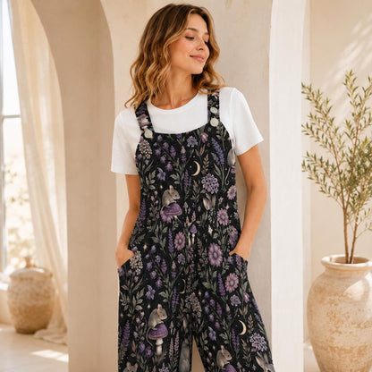 Mushroom Moon Floral Jumpsuit: Wide Leg, Sleeveless, Pockets (95% Polyester)