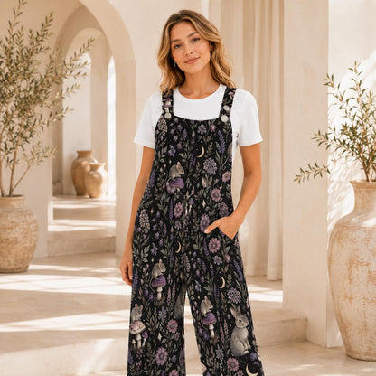 Mushroom Moon Floral Jumpsuit: Wide Leg, Sleeveless, Pockets (95% Polyester)