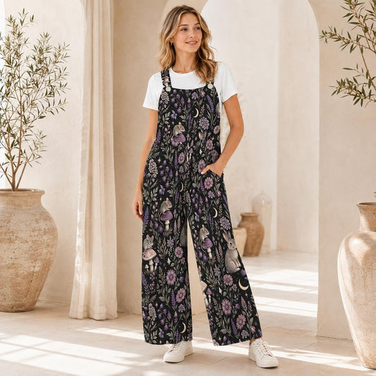 Mushroom Moon Floral Jumpsuit: Wide Leg, Sleeveless, Pockets (95% Polyester)
