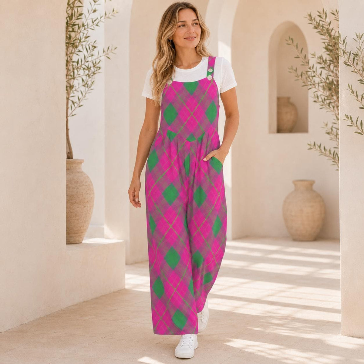 Hot Pink Green Wide Leg One Piece with Pockets, Retro Jumpsuit