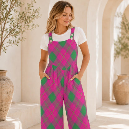 Hot Pink Green Wide Leg One Piece with Pockets, Retro Jumpsuit