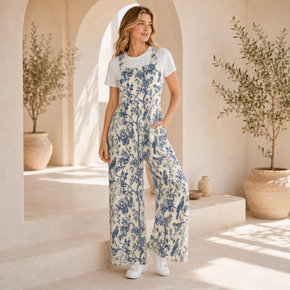 Bird Toile Jumpsuit, Blue Ivory Botanical Wide Leg One Piece with Pockets
