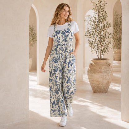 Bird Toile Jumpsuit, Blue Ivory Botanical Wide Leg One Piece with Pockets