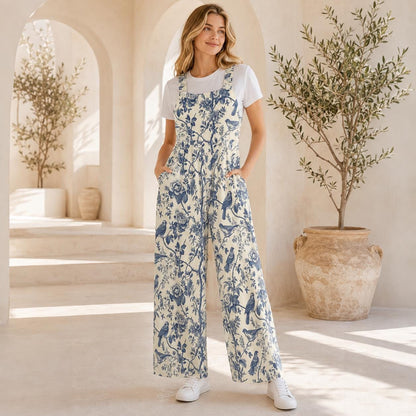Bird Toile Jumpsuit, Blue Ivory Botanical Wide Leg One Piece with Pockets