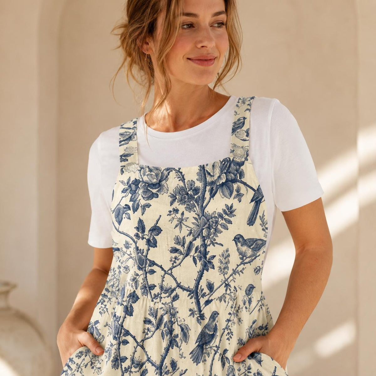 Bird Toile Jumpsuit, Blue Ivory Botanical Wide Leg One Piece with Pockets