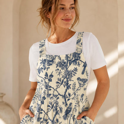 Bird Toile Jumpsuit, Blue Ivory Botanical Wide Leg One Piece with Pockets