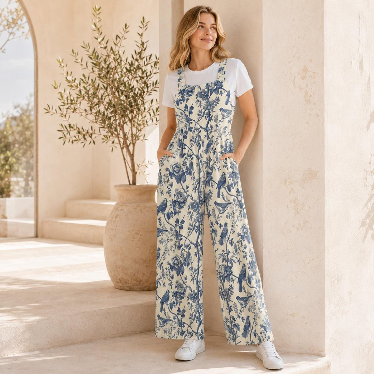 Bird Toile Jumpsuit, Blue Ivory Botanical Wide Leg One Piece with Pockets