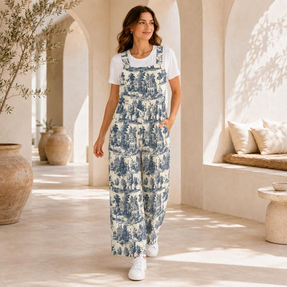 Blue Village Toile Jumpsuit: French Country Print, Wide Leg, Pockets