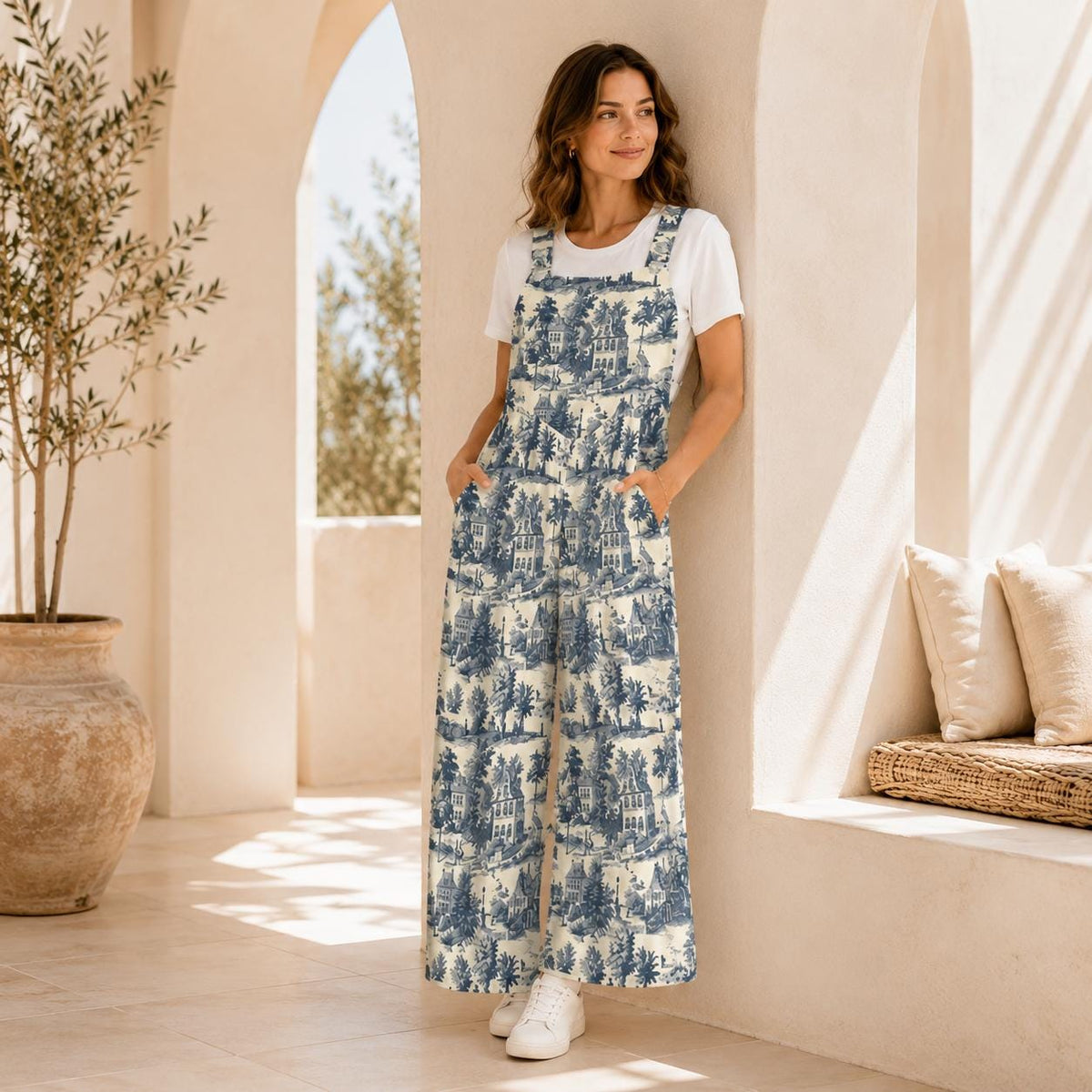 Blue Village Toile Jumpsuit: French Country Print, Wide Leg, Pockets
