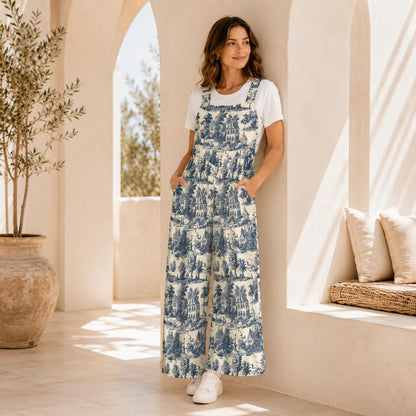 Blue Village Toile Jumpsuit: French Country Print, Wide Leg, Pockets