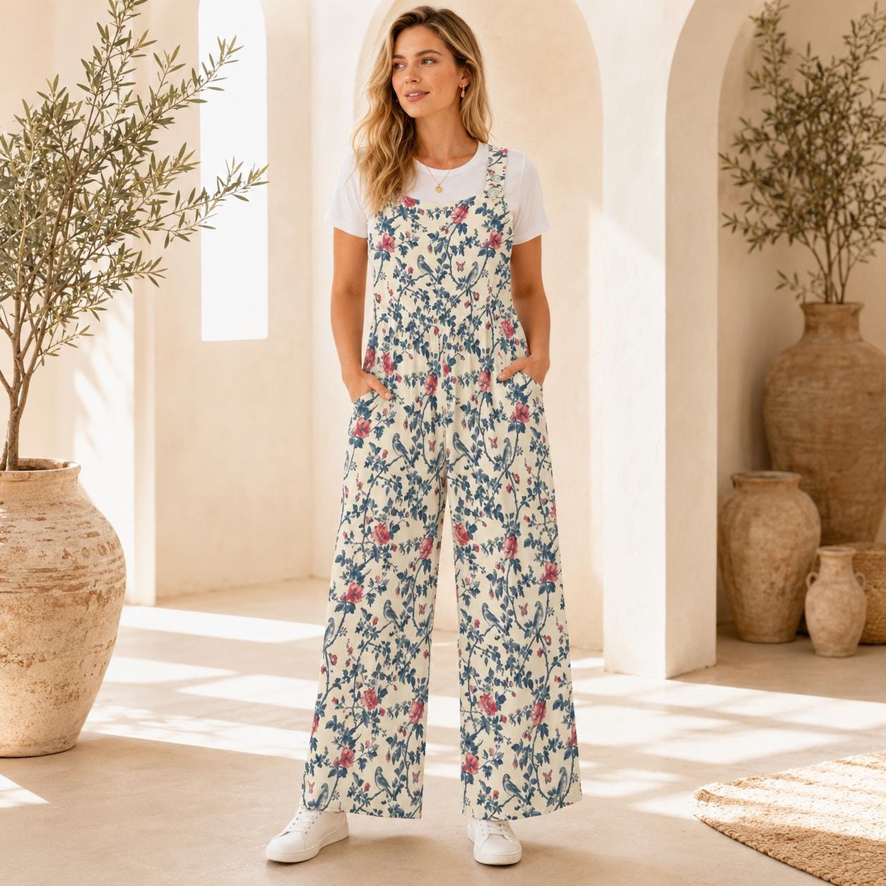 Ivory Blue Red Wildflower Jumpsuit, Wide Leg Sleeveless Overalls With Pockets