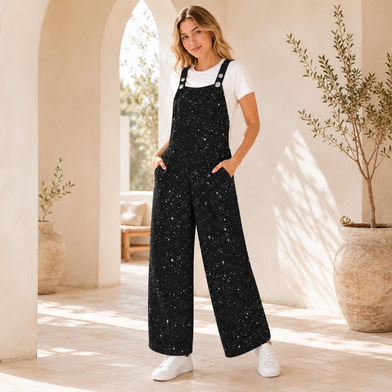 Black White Star Celestial Jumpsuit, Wide Leg Sleeveless Overalls With Pockets