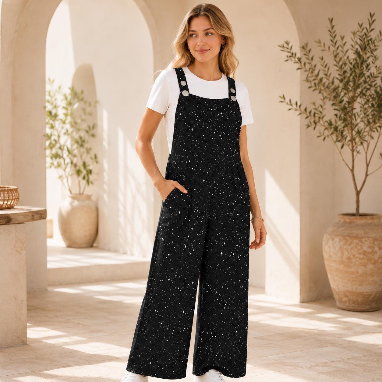Black White Star Celestial Jumpsuit, Wide Leg Sleeveless Overalls With Pockets