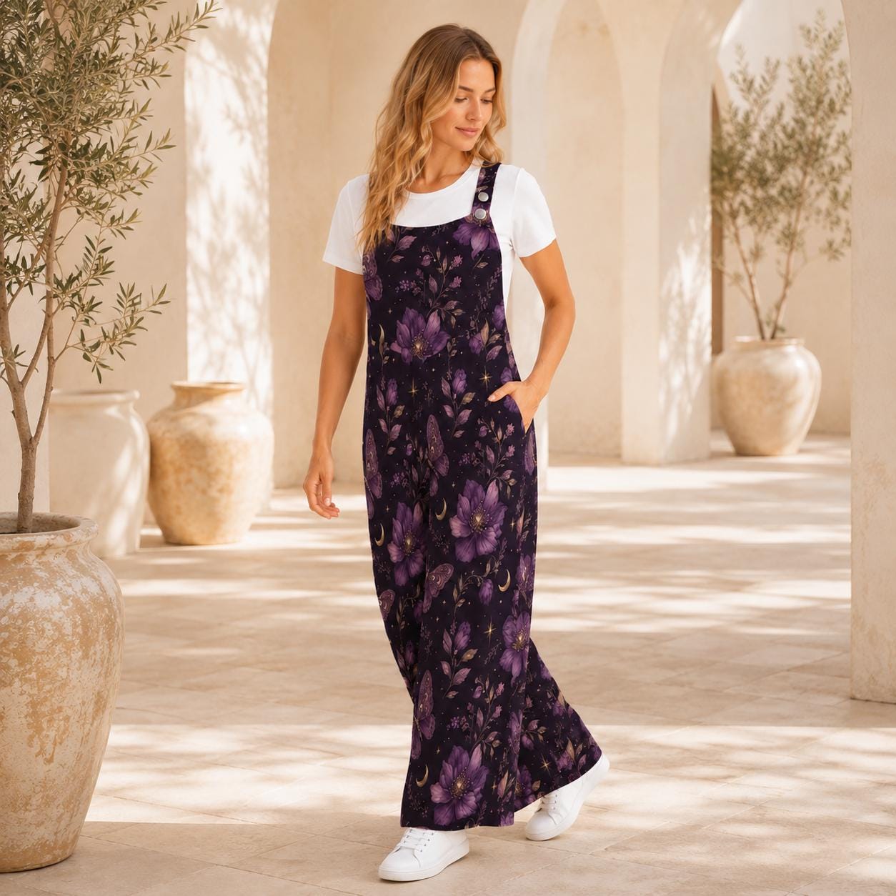 Deep Purple Moon Floral Celestial Jumpsuit, Wide Leg Sleeveless Overalls With Pockets