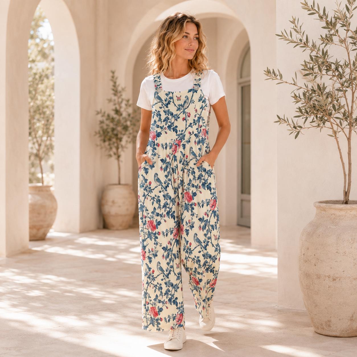 Ivory Blue Red Folk Floral Bohemian Jumpsuit, Wide Leg Sleeveless Overalls With Pockets