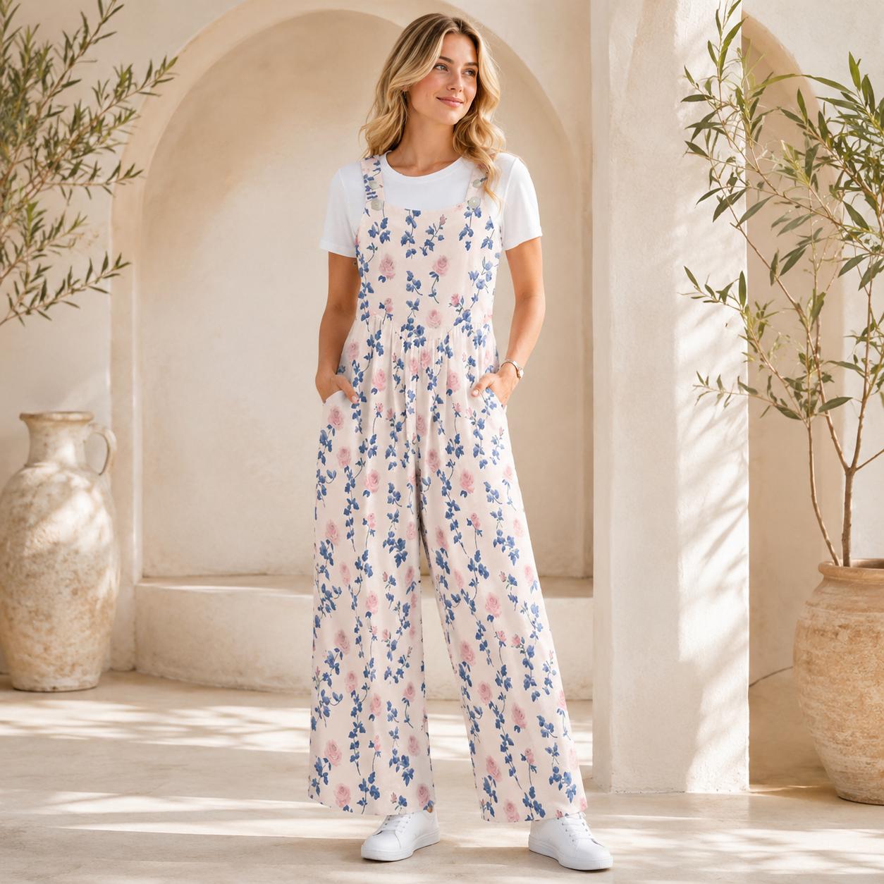 Blush Pink Blue Botanical Floral Jumpsuit, Wide Leg Sleeveless Overalls With Pockets