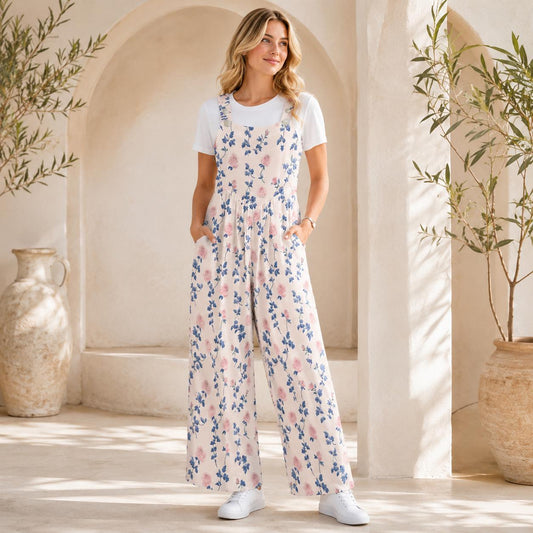Blush Pink Blue Botanical Floral Jumpsuit, Wide Leg Sleeveless Overalls With Pockets