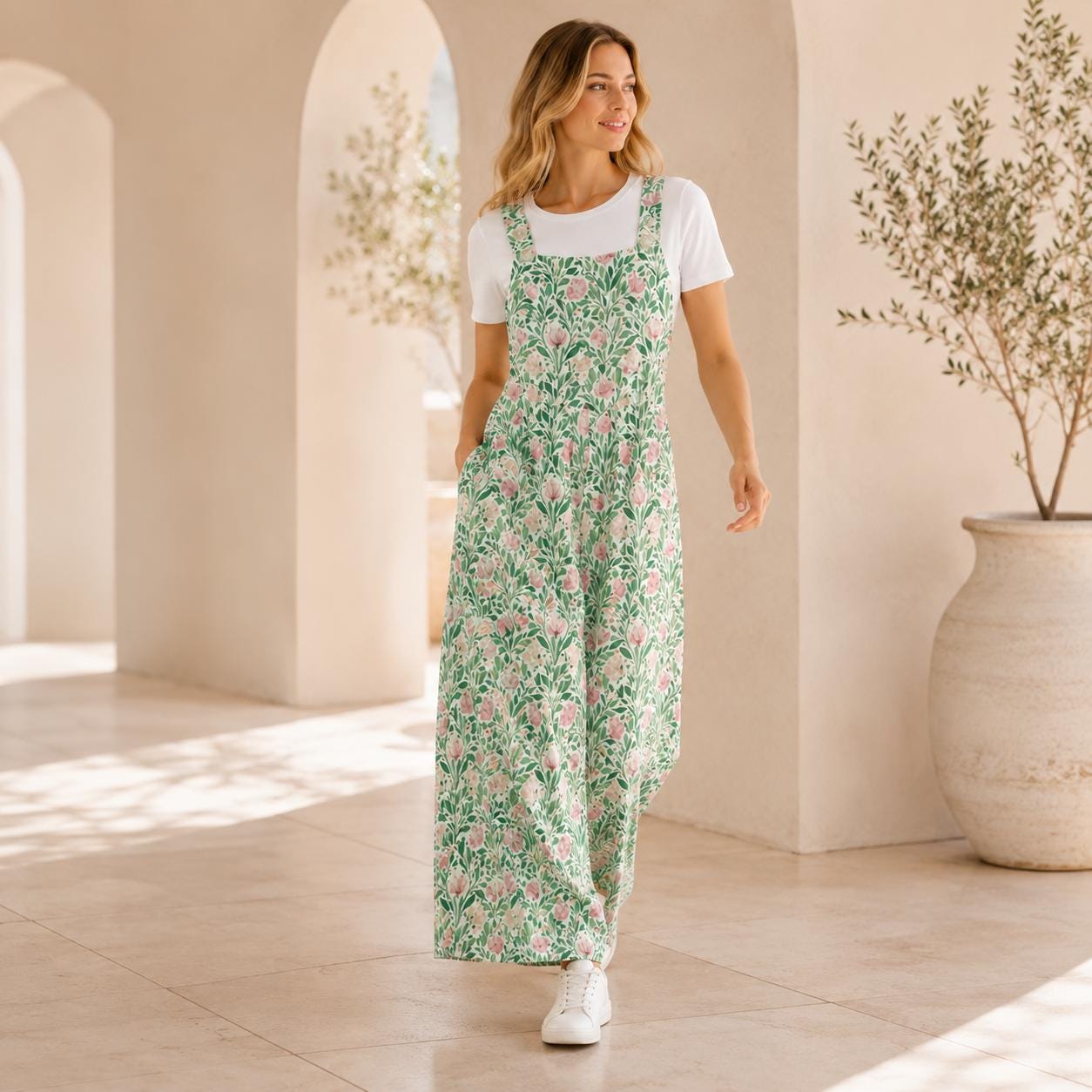 Mint Green Pink Botanical Floral Jumpsuit, Wide Leg Sleeveless Overalls With Pockets
