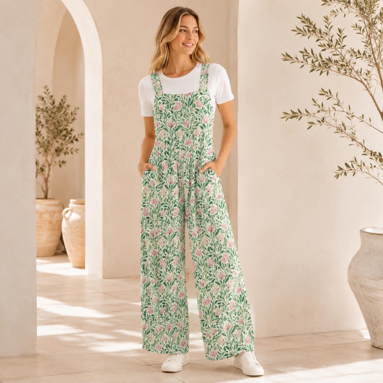 Mint Green Pink Botanical Floral Jumpsuit, Wide Leg Sleeveless Overalls With Pockets