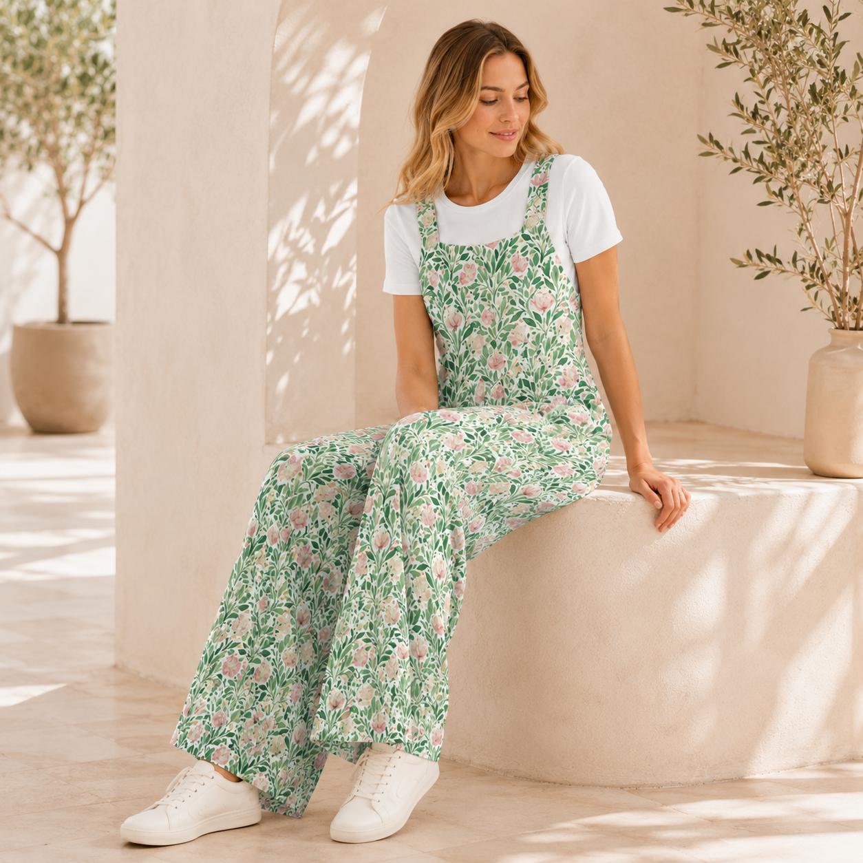 Mint Green Pink Botanical Floral Jumpsuit, Wide Leg Sleeveless Overalls With Pockets