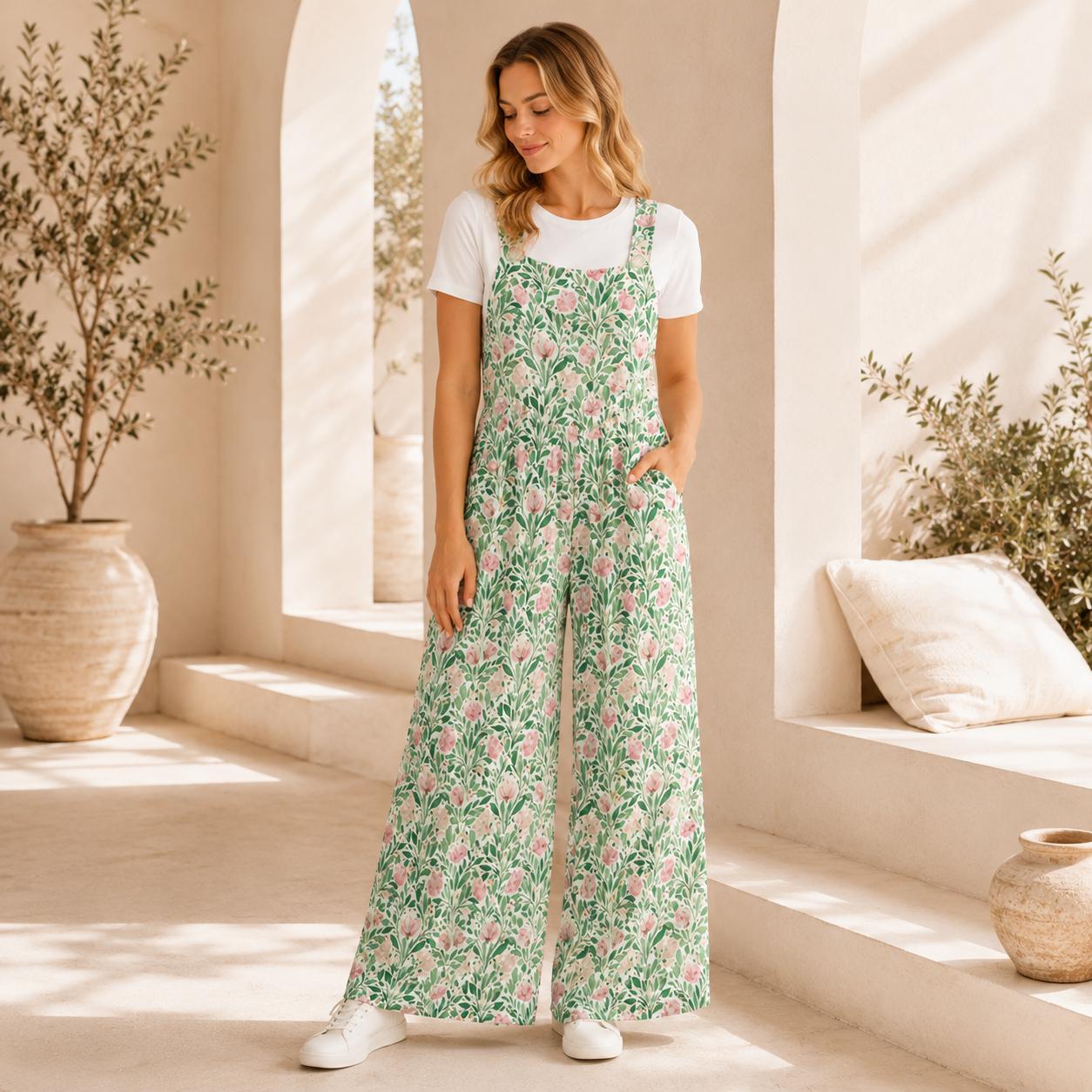 Mint Green Pink Botanical Floral Jumpsuit, Wide Leg Sleeveless Overalls With Pockets