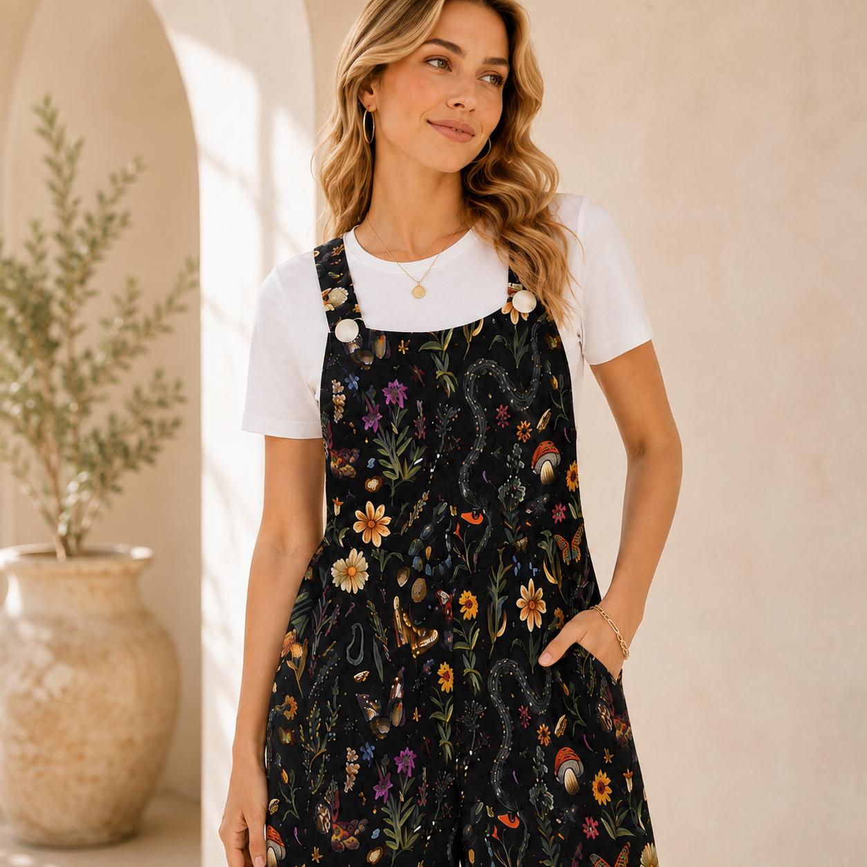 Black Moon Wildflower Celestial Jumpsuit, Wide Leg Sleeveless Overalls With Pockets
