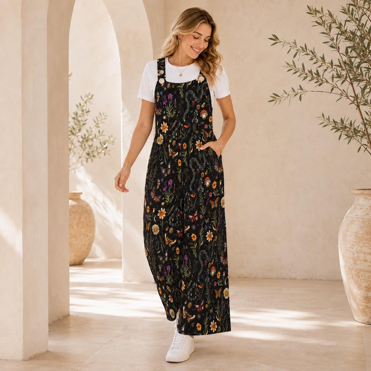 Black Moon Wildflower Celestial Jumpsuit, Wide Leg Sleeveless Overalls With Pockets