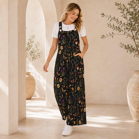 Black Moon Wildflower Celestial Jumpsuit, Wide Leg Sleeveless Overalls With Pockets