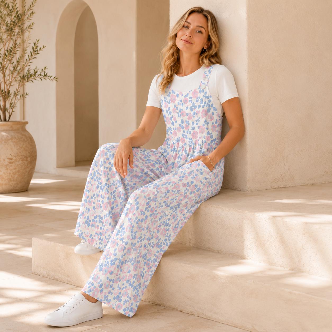 White Pastel Pink Blue Wildflower Jumpsuit, Wide Leg Sleeveless Overalls With Pockets