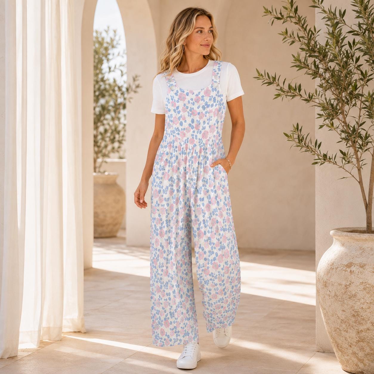 White Pastel Pink Blue Wildflower Jumpsuit, Wide Leg Sleeveless Overalls With Pockets