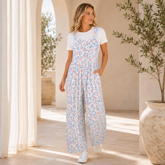White Pastel Pink Blue Wildflower Jumpsuit, Wide Leg Sleeveless Overalls With Pockets