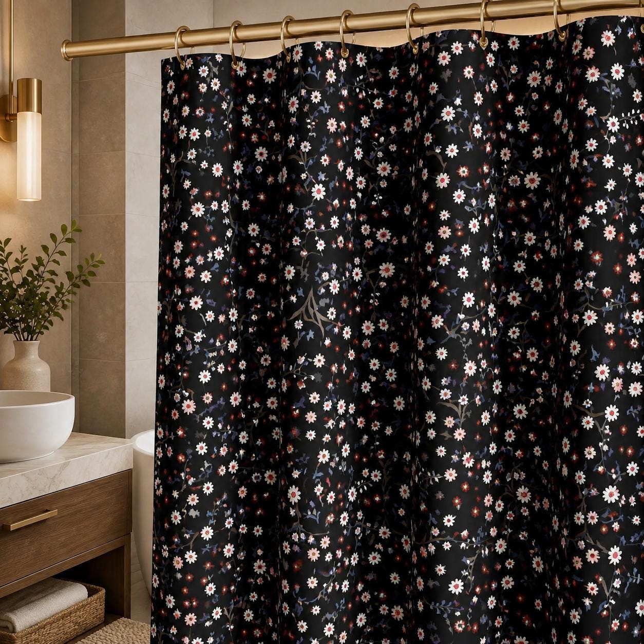 Black Ditsy Floral Shower Curtain, Moody Wildflower Bathroom Decor, Romantic Cottage Guest Bath Accent